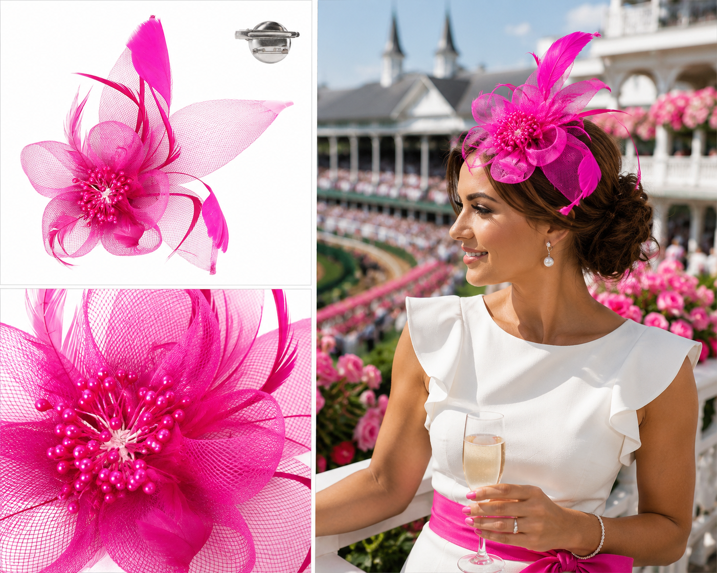 Organza Floral Mesh Fascinator in Fuchsia
