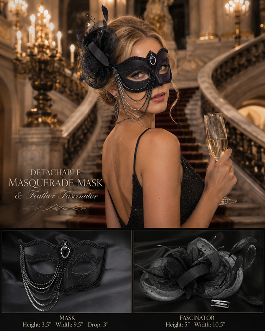 Masquerade Mask with Fascinator and Draped Crystal Chain in Black