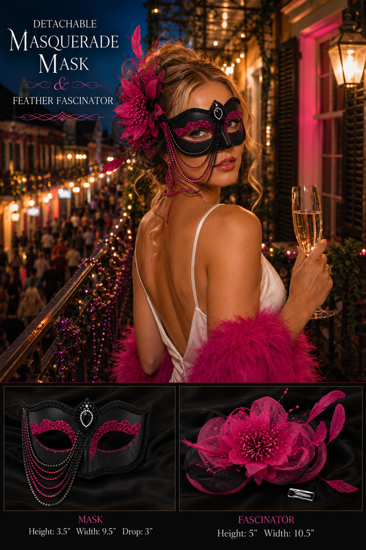 Masquerade Mask with Fascinator and Draped Crystal Chain in Fuchsia