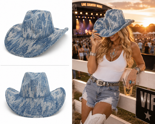 Fashion Western Sequin Embroidered Denim Cowboy Hat