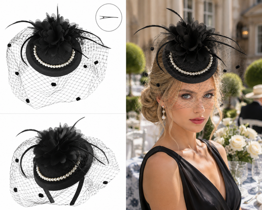 Floral Feathered Pearl Embellished Fishnet Fascinator with Clip and Headband