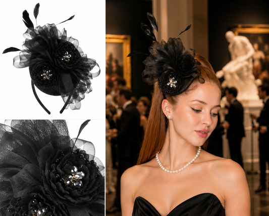 Tulle Flower Feather Disc Fascinator with Pearl and Crystal
