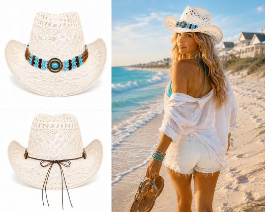 Western Hollow Cut Straw Cowboy Hat with Turquoise Beaded Hat Band