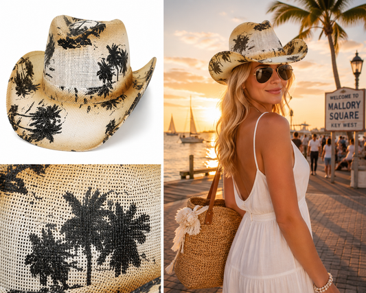 Island Cowgirl Palm Print Straw Cowboy Hat