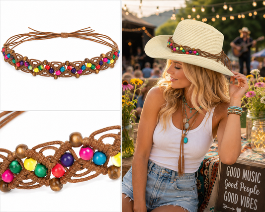 Colorful Wooden Beaded Woven Hat Band