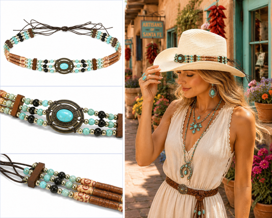Vintage Turquoise Concho Beaded Hat Band