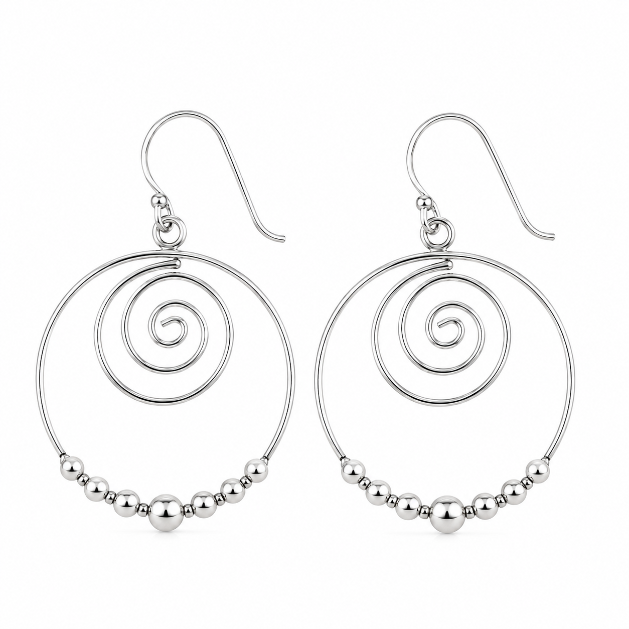 Sterling Silver Spiral Hoop Earrings with Moving Bead