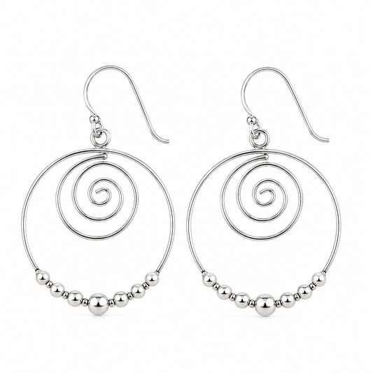 Sterling Silver Spiral Hoop Earrings with Moving Bead