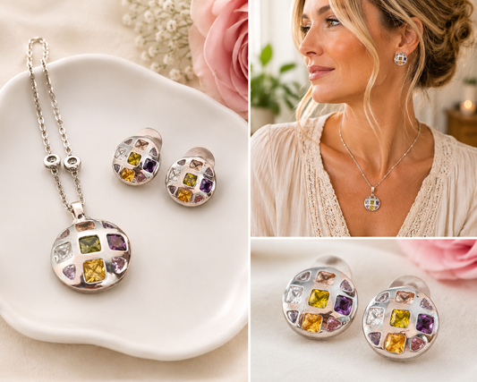 Pastel Mosaic Sterling Silver Necklace & Earring Set
