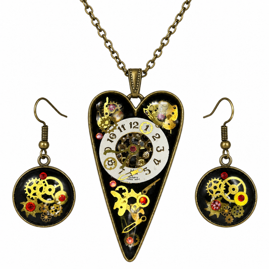 Gold & Red Time Heart Necklace Set