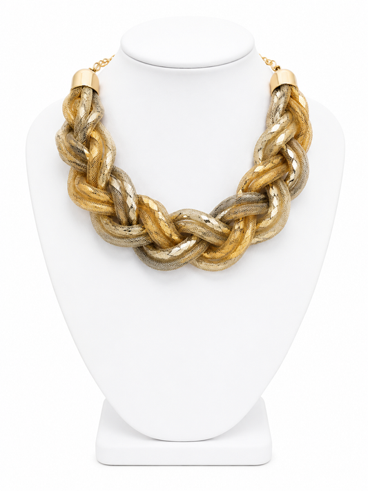 Golden Harmony Braided Mesh Statement Necklace
