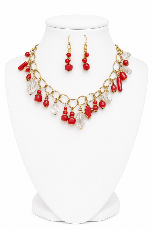 Crimson Crystal Cascade Necklace Set