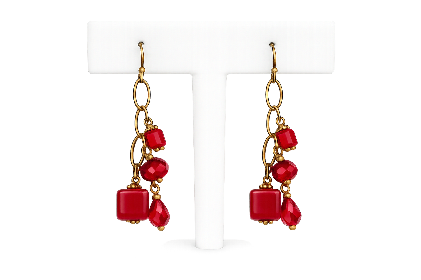 Ruby Red Beaded Dangle Earrings