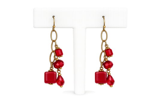 Ruby Red Beaded Dangle Earrings