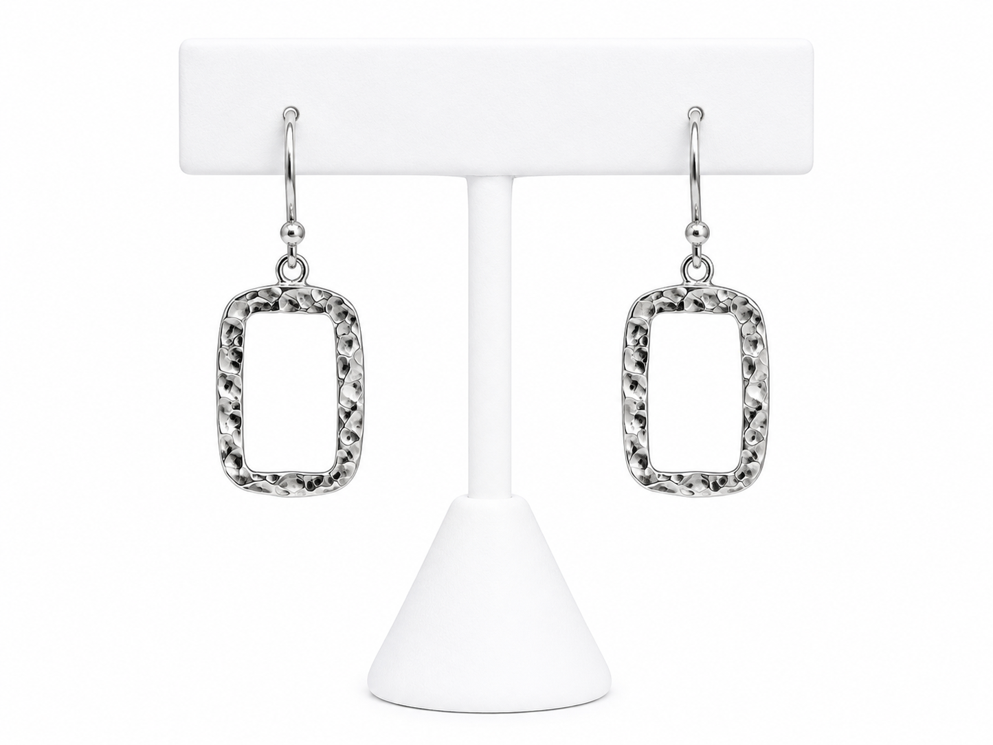 Sterling Silver Hammered Open Rectangle Drop Earrings