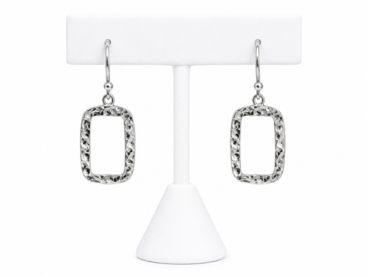 Sterling Silver Hammered Open Rectangle Drop Earrings