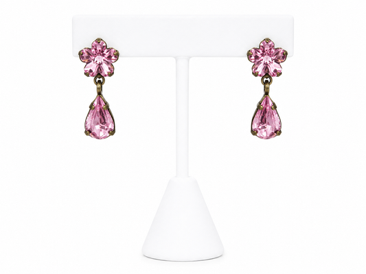 Van Galz Pink Crystal Floral Drop Earrings