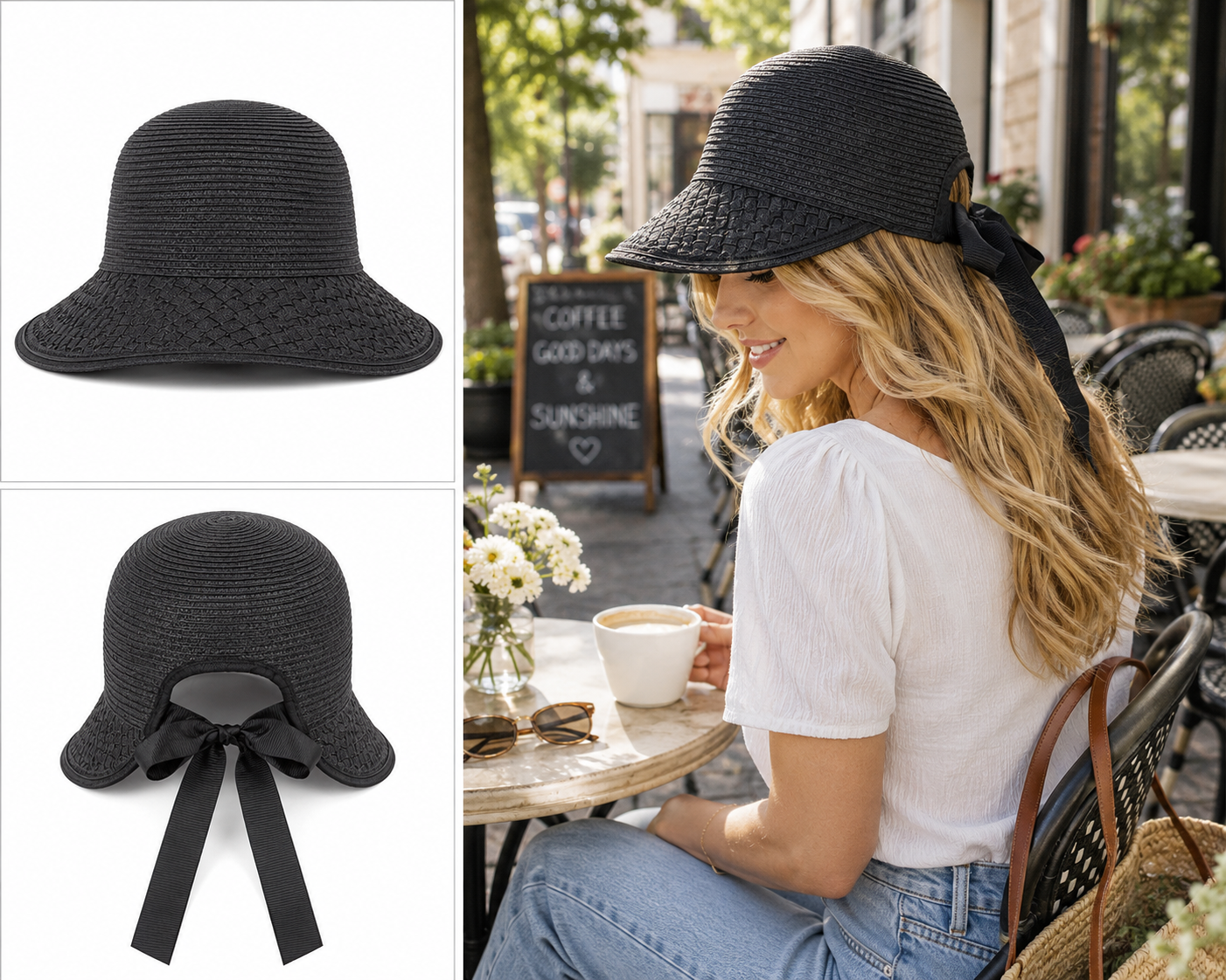 Black Back Bow Ribbon Straw Sun Hat