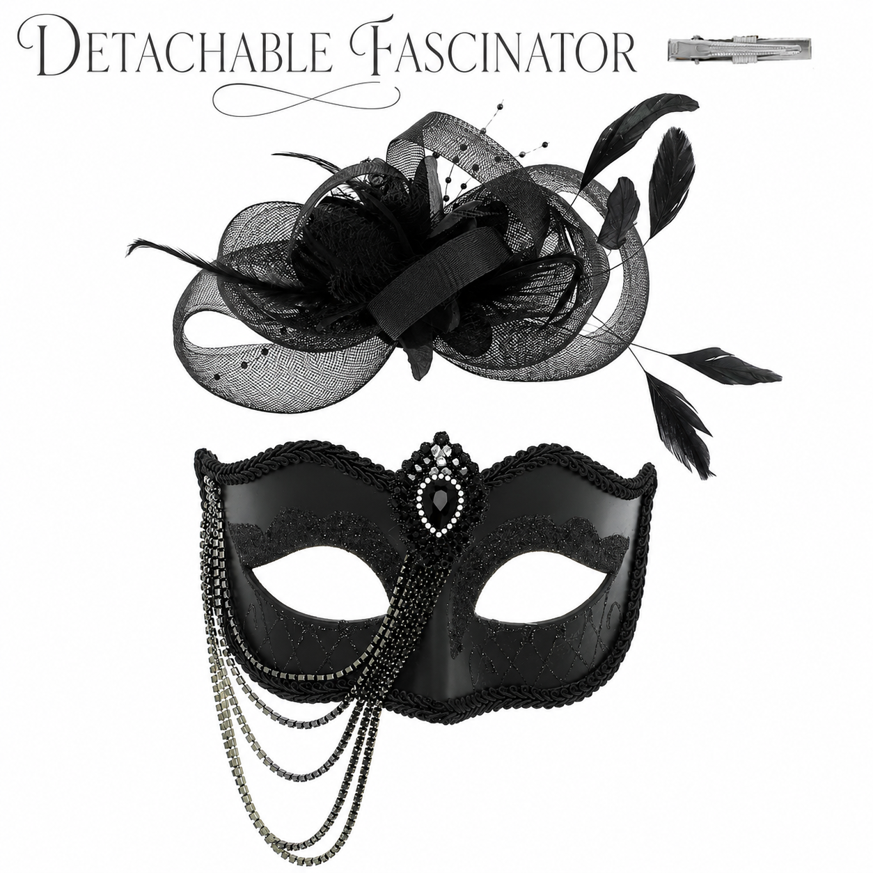 Masquerade Mask with Fascinator and Draped Crystal Chain in Black