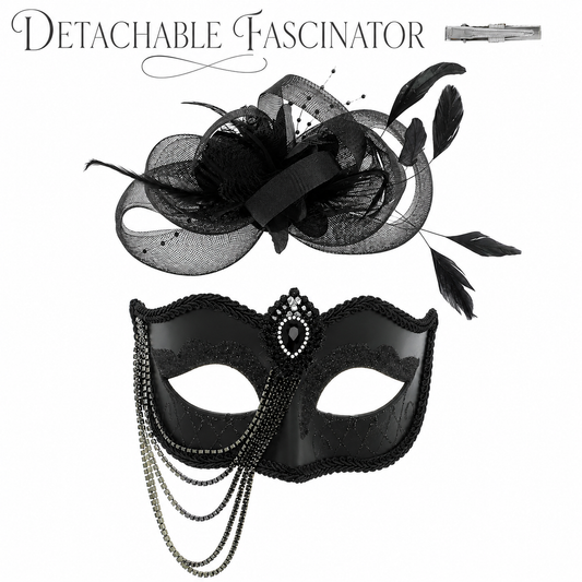 Masquerade Mask with Fascinator and Draped Crystal Chain in Black