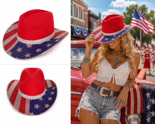 Patriotic Rhinestone American Flag Cowboy Hat