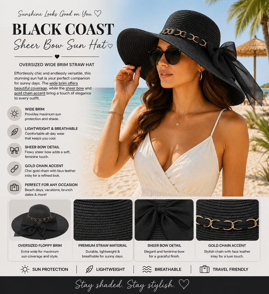Black Coast Sheer Bow Sun Hat