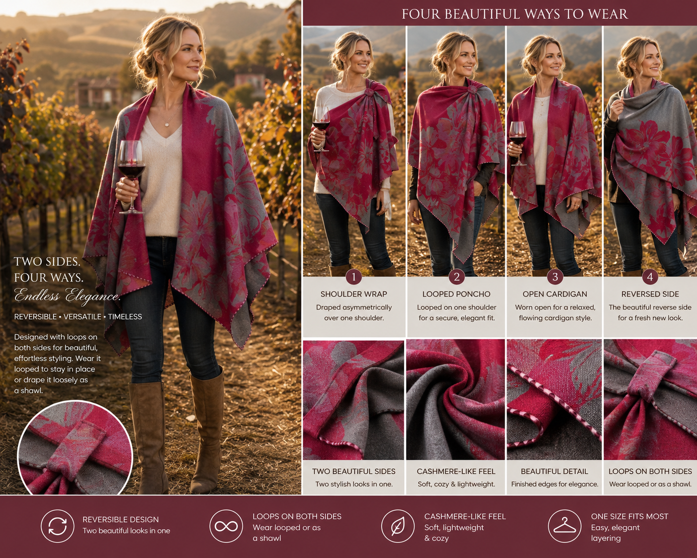 Rose Reversible Short Loop Shawl