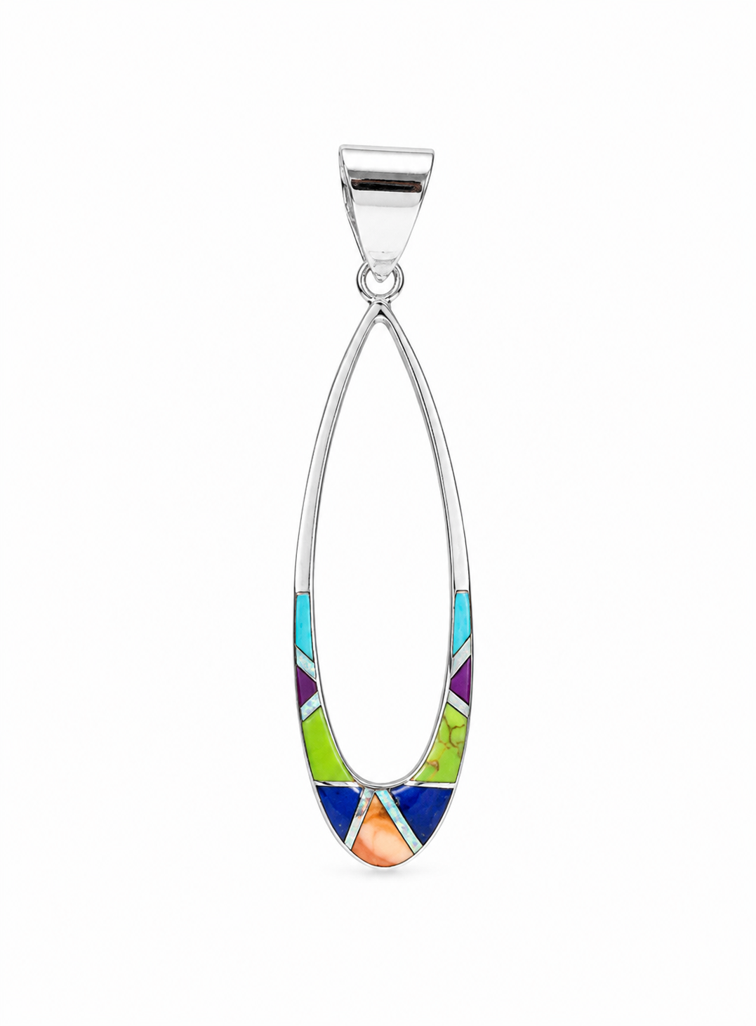 Long Open Teardrop Inlay Sterling Silver Pendant