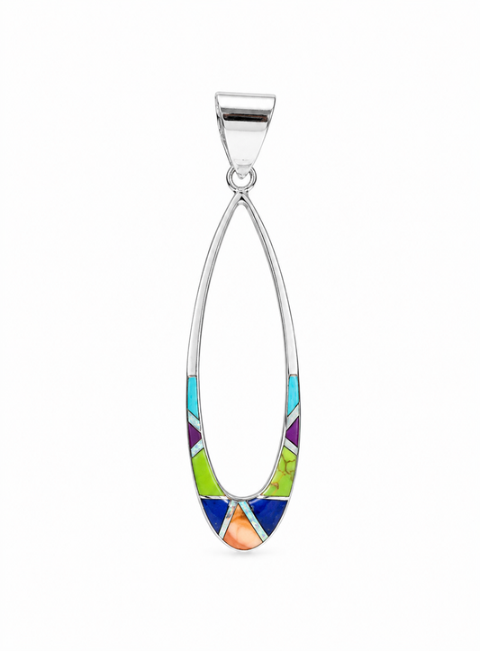 Long Open Teardrop Inlay Sterling Silver Pendant