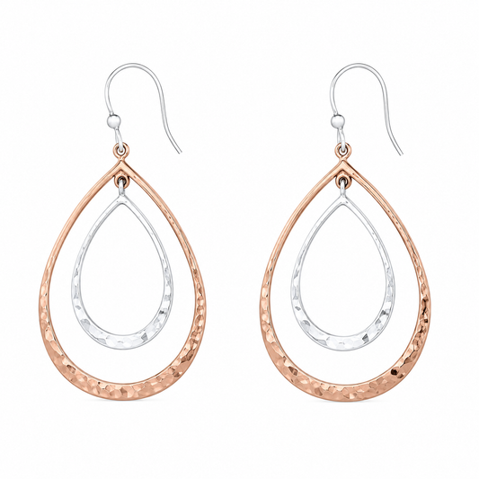 Double Teardrop Hammered Sterling Silver & Copper Earrings