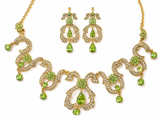 Vintage Green Crystal Statement Necklace & Clip Earring Set