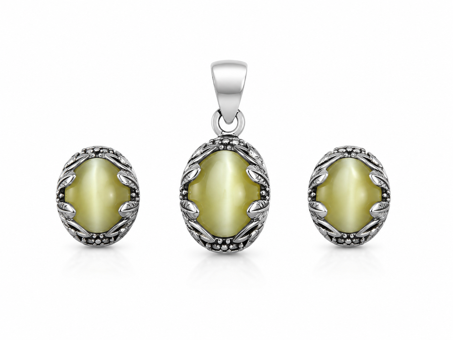 Sterling Silver Cat's Eye Pendant & Earring Set