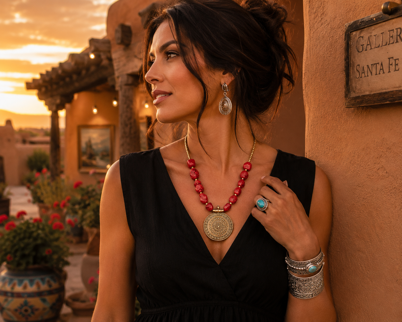 Gold Medalion Red Stone Necklace