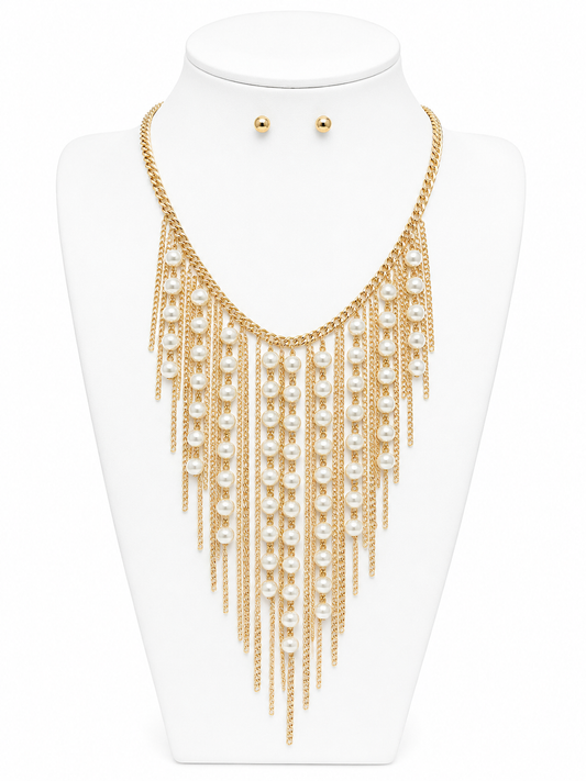 Golden Cascade Pearl Statement Necklace Set