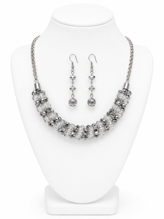 Silver & Crystal Cluster Necklace Set