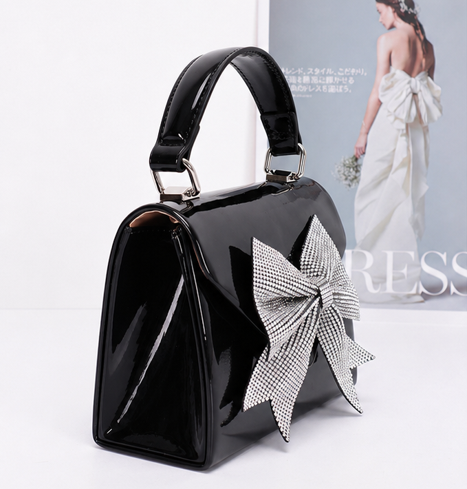 Enamel Rhinestone Ribbon Top Handle Clutch