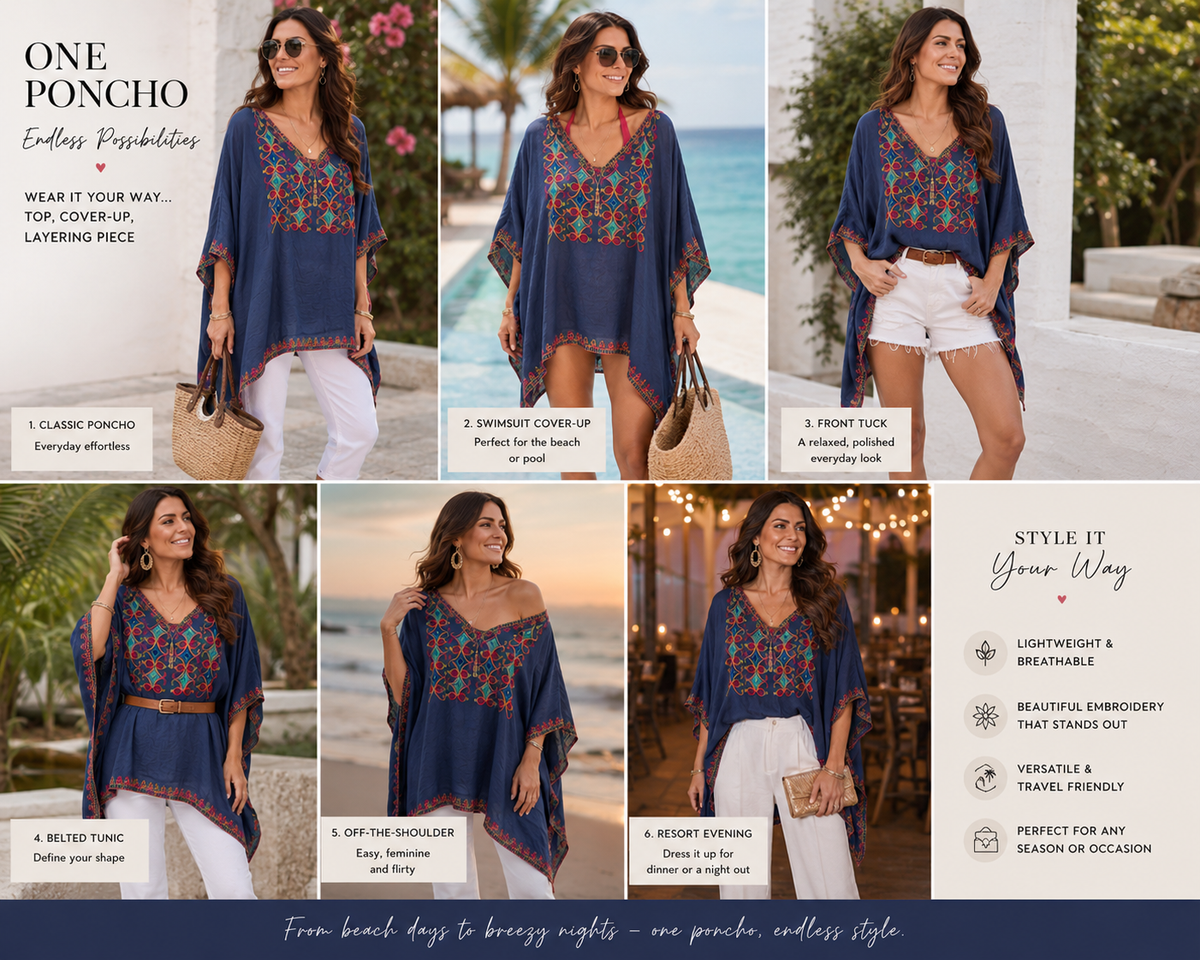 Sariah V-Neck Poncho with Embroidery