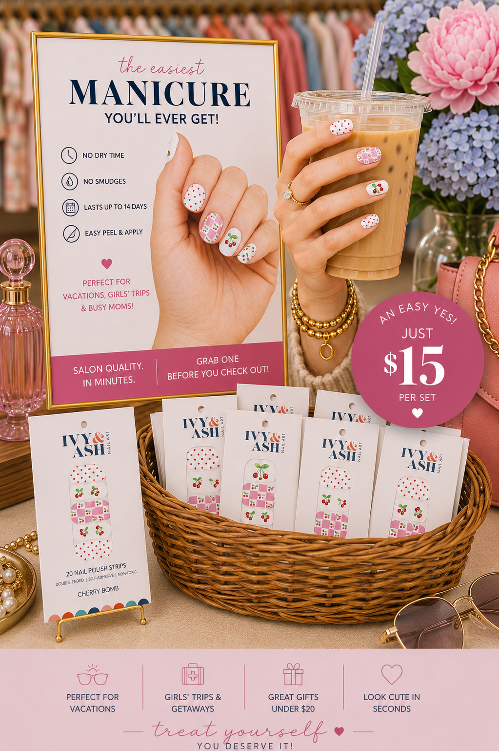 Cherry Bomb | Retro Cherry Print Pink Check Nail Wrap Set