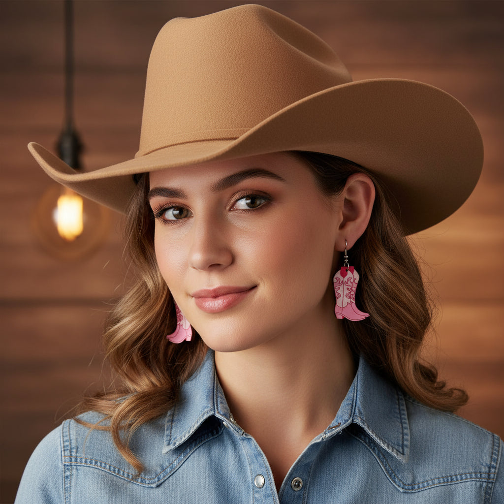Western Style Pink Wooden Boots Dangle Earrings