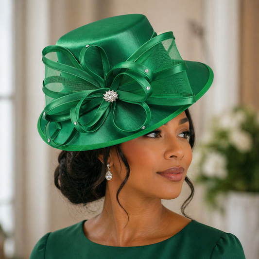 Emerald Elegance Ribbon Hat