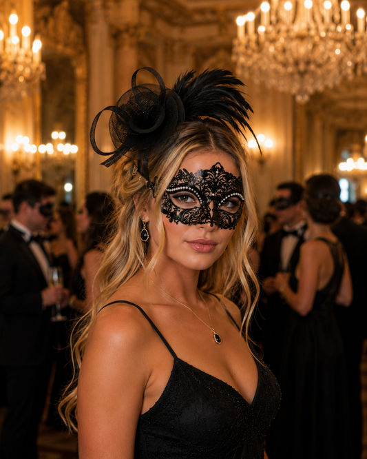 Crystal Rhinestone Masquerade Mask with Detached Fascinator – Black