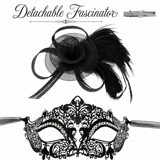 Crystal Rhinestone Masquerade Mask with Detached Fascinator – Black