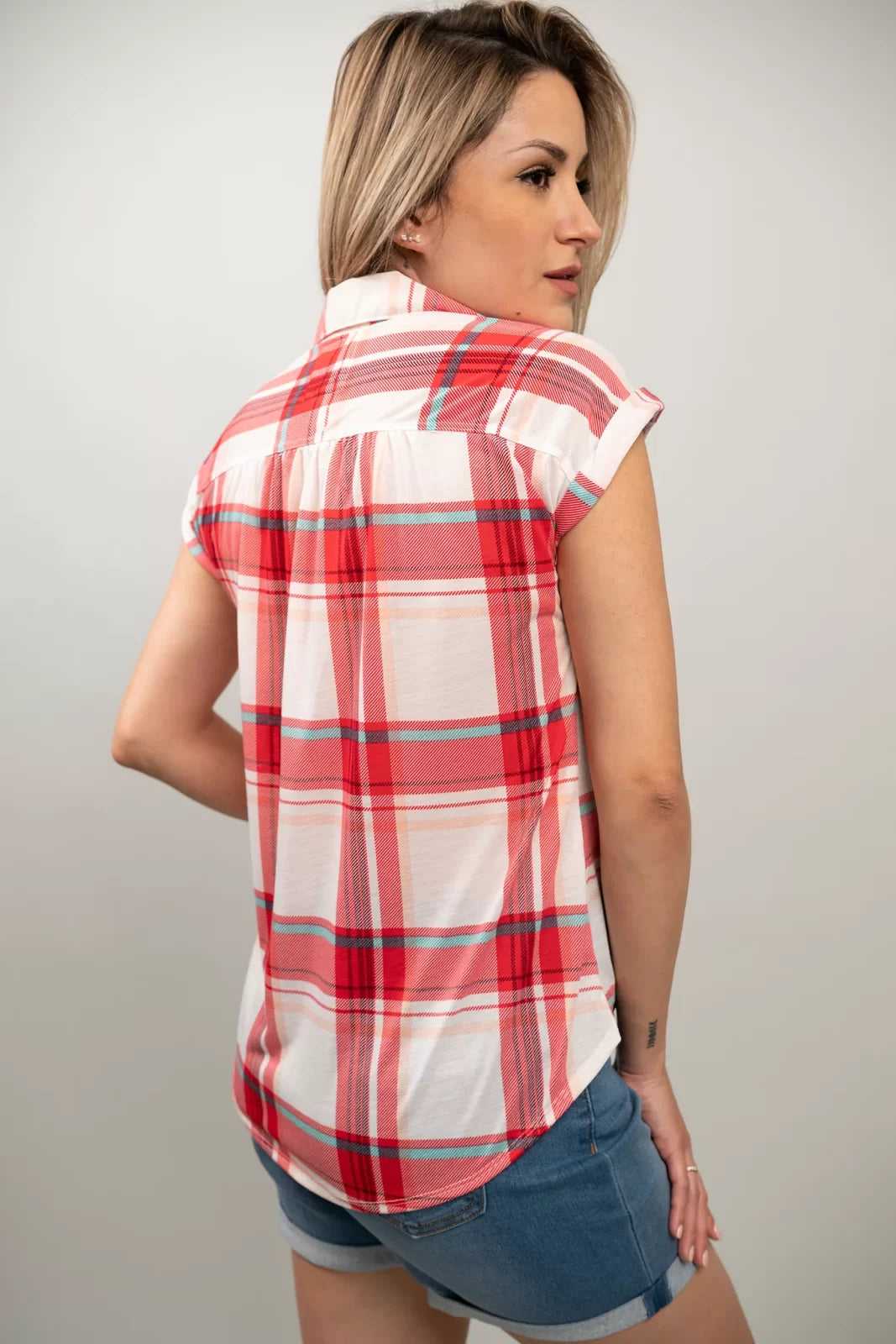 Plaid Tie Front Hi-Lo Top