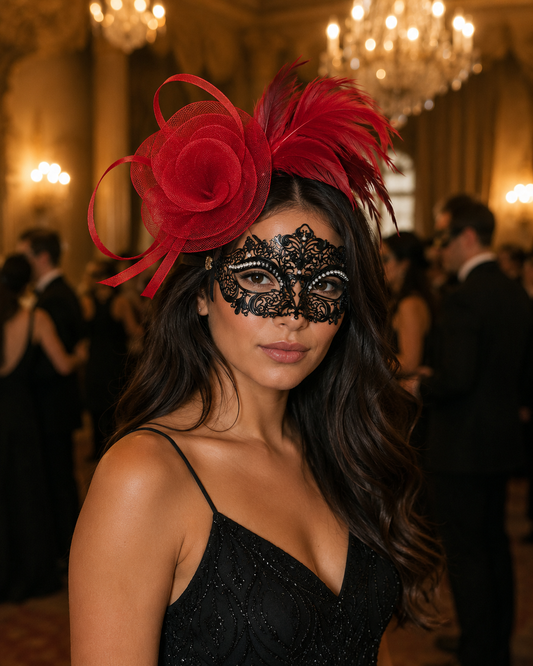 Crystal Rhinestone Masquerade Mask with Detached Fascinator – Red & Black