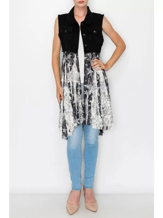 Black Denim Vest with Star Printed Lace Layer
