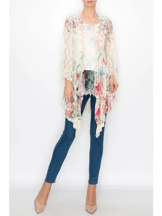 Printed Lace Cardigan with Ruffles