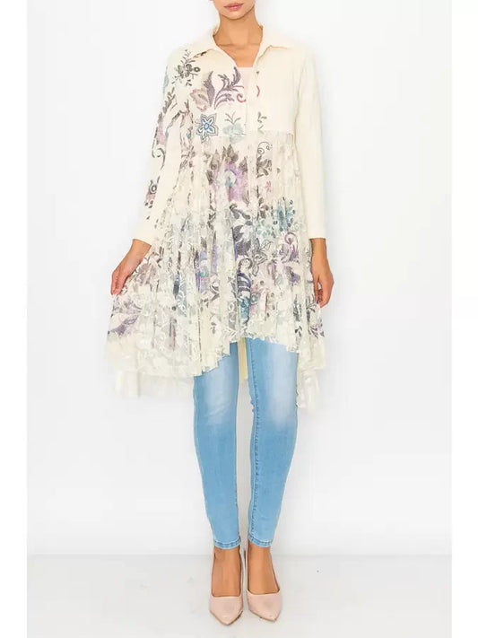 Sweater Cardigan w/ Lace Layer