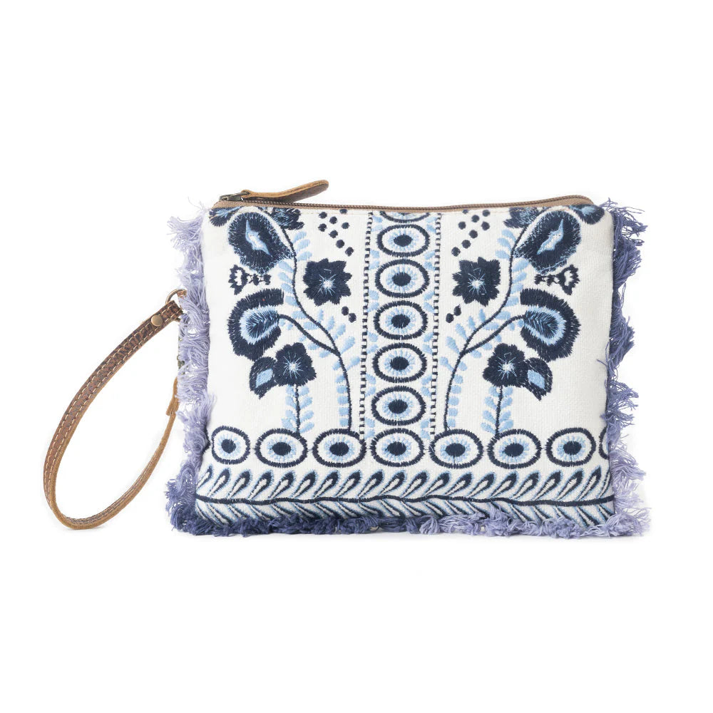 Mynora Sky Embroided Pouch in Artisanal Blue