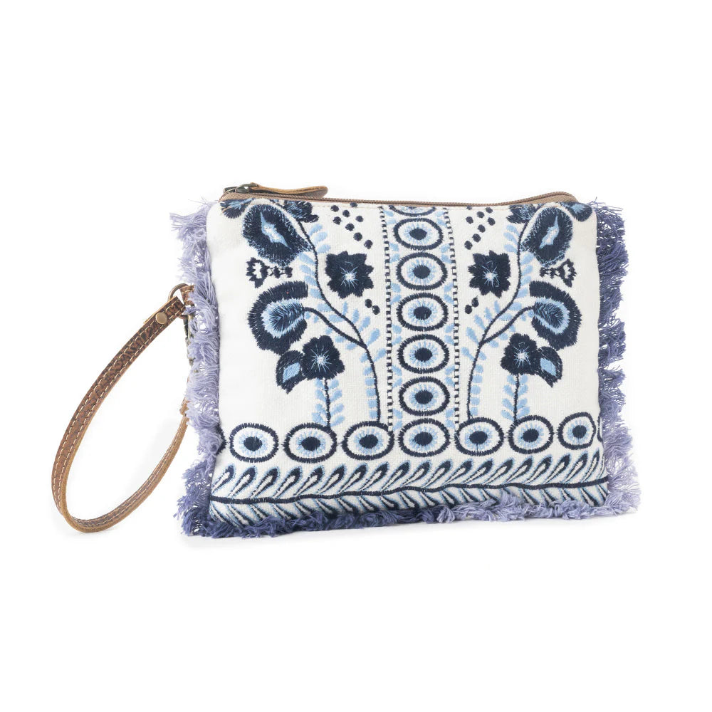 Mynora Sky Embroided Pouch in Artisanal Blue