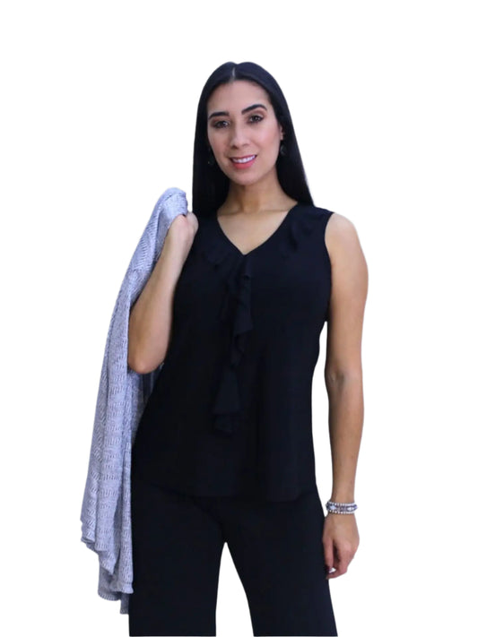 V Neck Ruffle Front Sleeveless Top